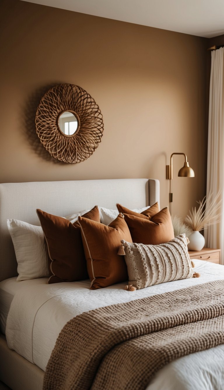 A cozy bedroom with earth tone throw pillows on a bed, warm lighting, and natural decor accents