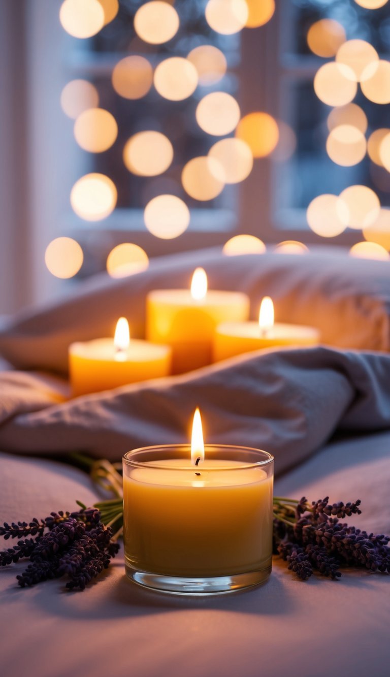 A cozy bedroom with scented candles casting a warm glow, filling the air with the soothing scent of lavender