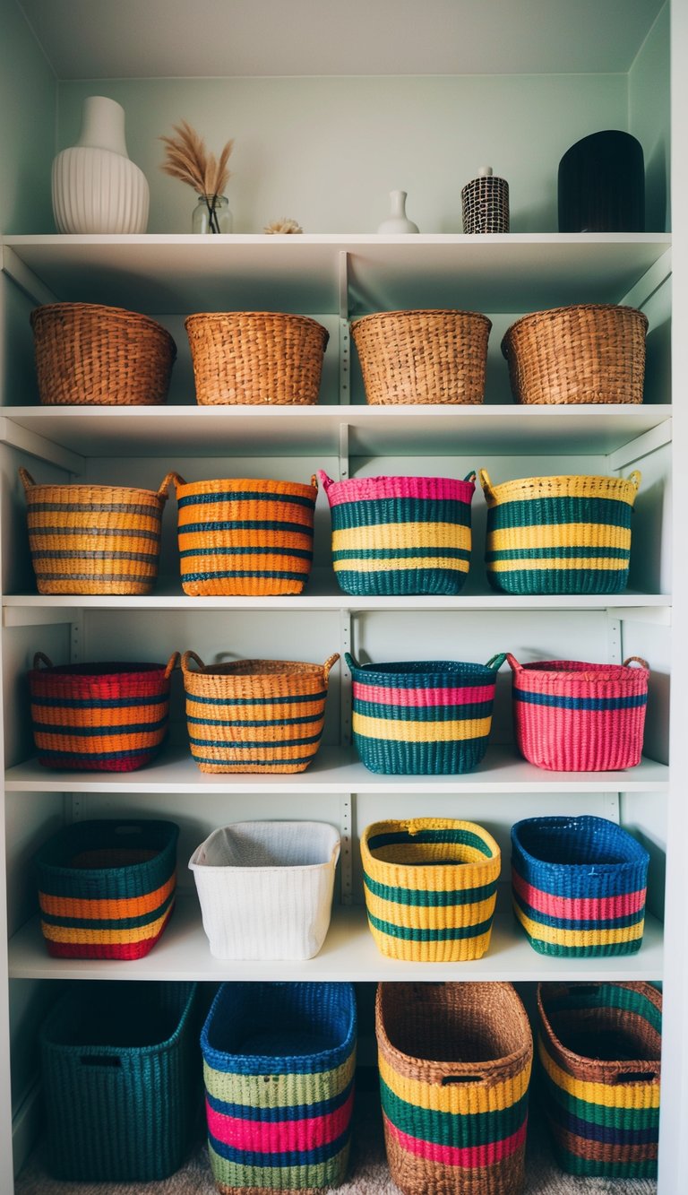 Colorful baskets neatly arranged on shelves, holding various items in a tidy and organized 33-year-old single woman's bedroom