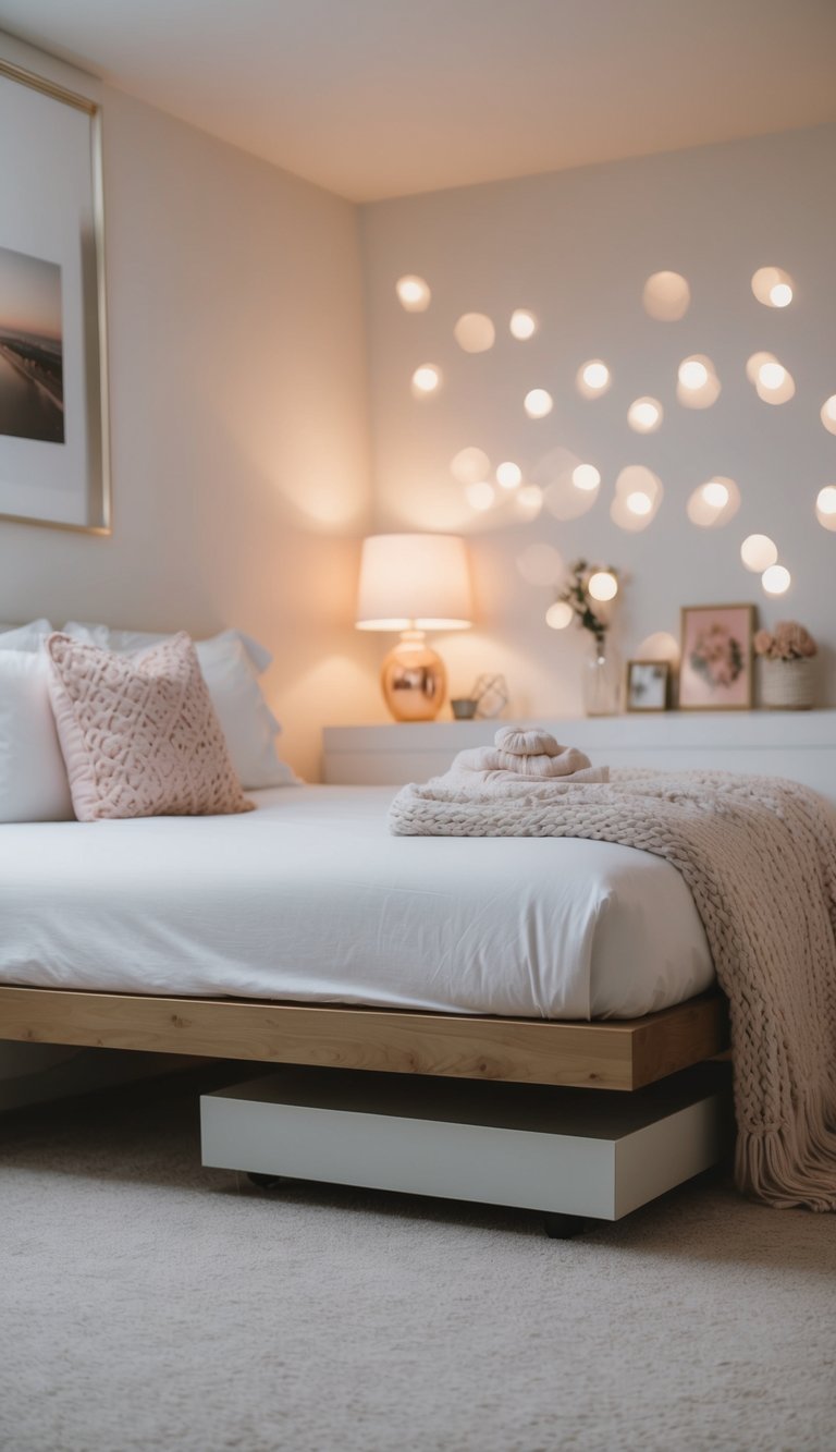 A cozy bedroom with floating nightstands, soft lighting, and feminine decor
