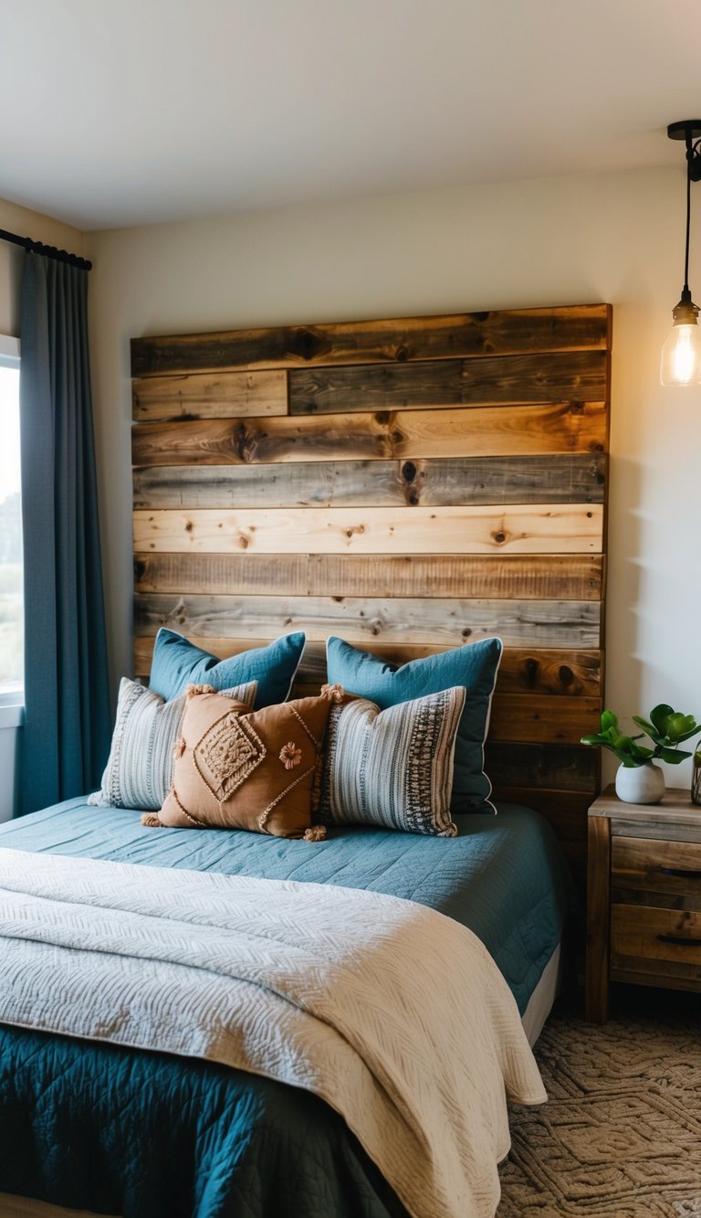 A cozy bedroom with a reclaimed wood headboard, earthy decor, and soft lighting