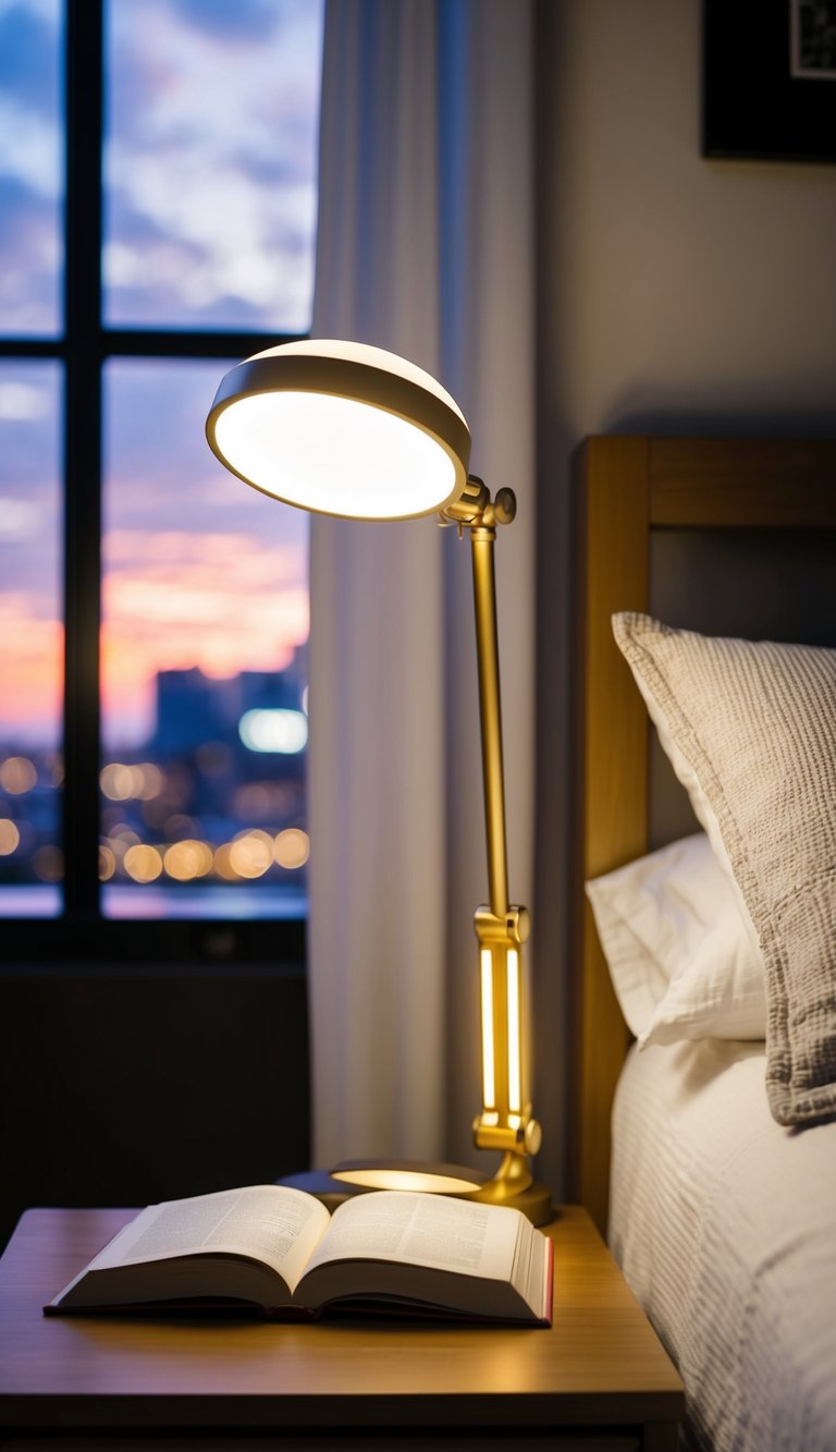 An adjustable LED reading lamp illuminates a cozy bedroom with a book on the nightstand