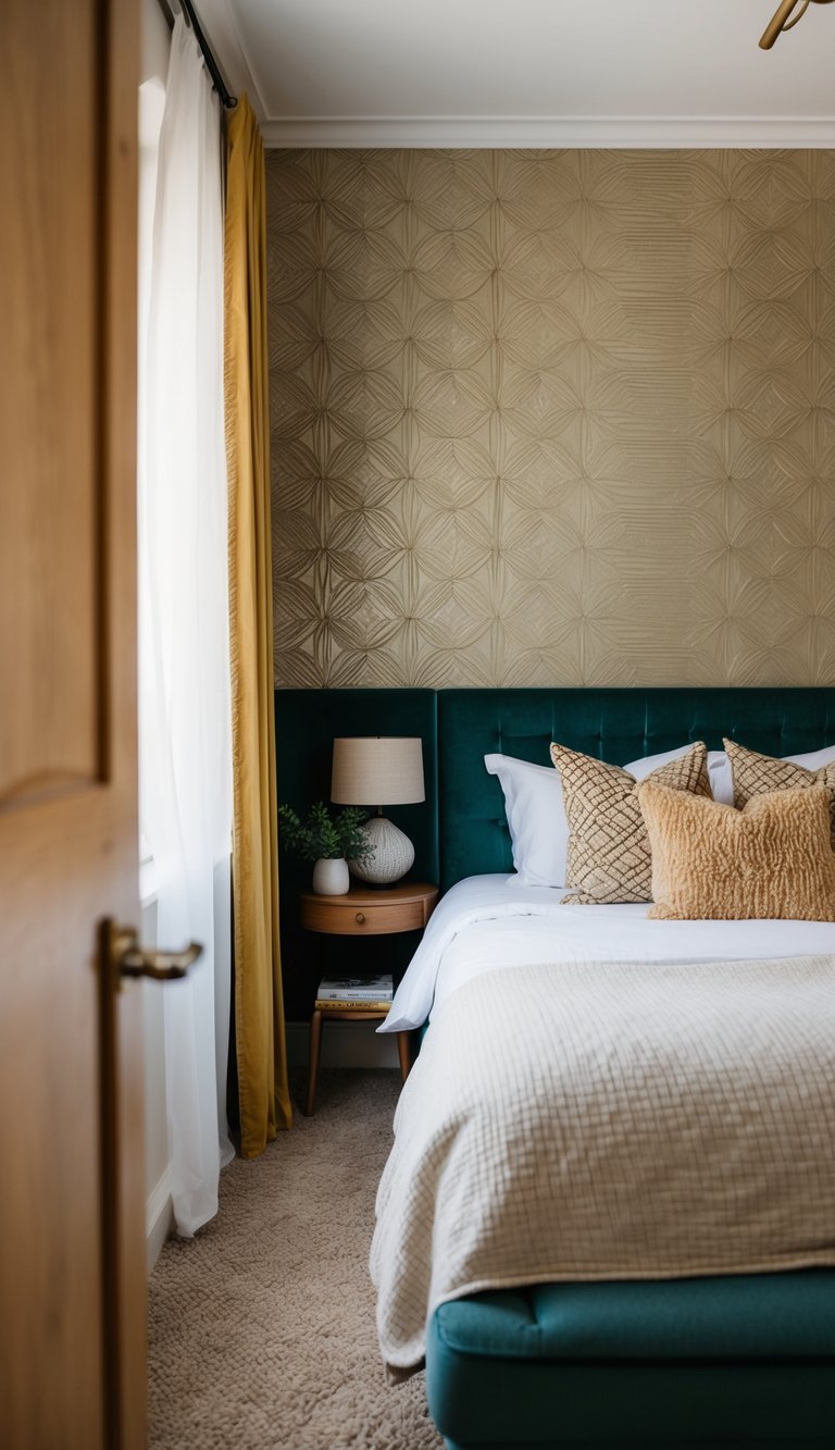 A cozy bedroom with textured wallpaper on one wall, featuring decor and furniture tailored to a single woman's taste and style