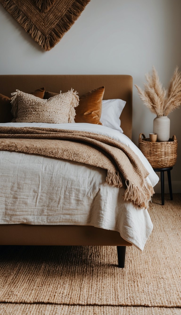 A cozy bedroom with sisal floor mats, earthy tones, and natural textures