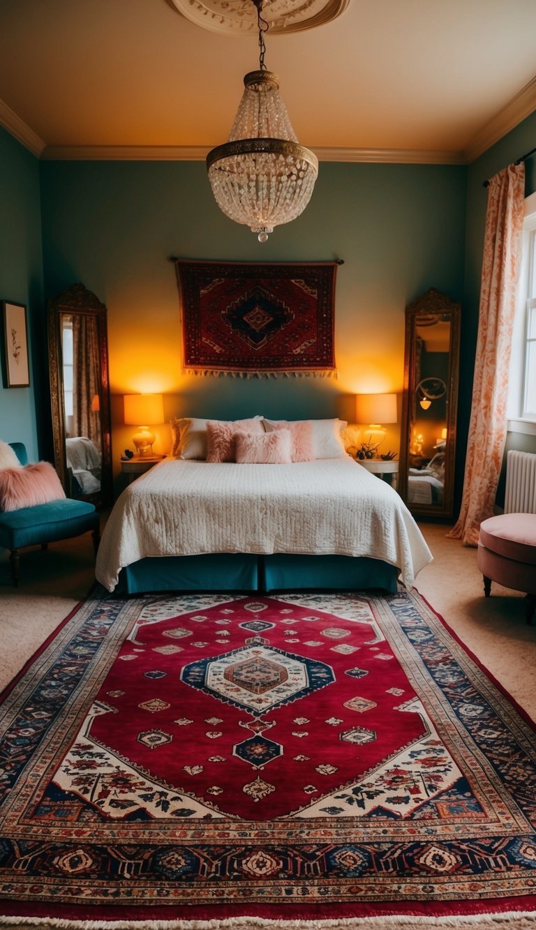 A vintage Persian rug lies in the center of a cozy, eclectic bedroom with warm lighting and feminine decor