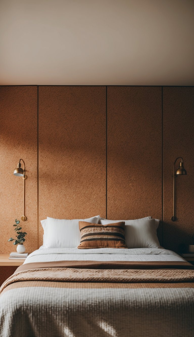 A cozy bedroom with cork wall panels, earthy tones, and warm lighting