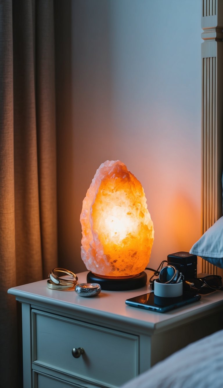 A Himalayan salt lamp illuminates a cozy bedroom, casting a warm, soothing glow over a nightstand adorned with a collection of single woman's personal items