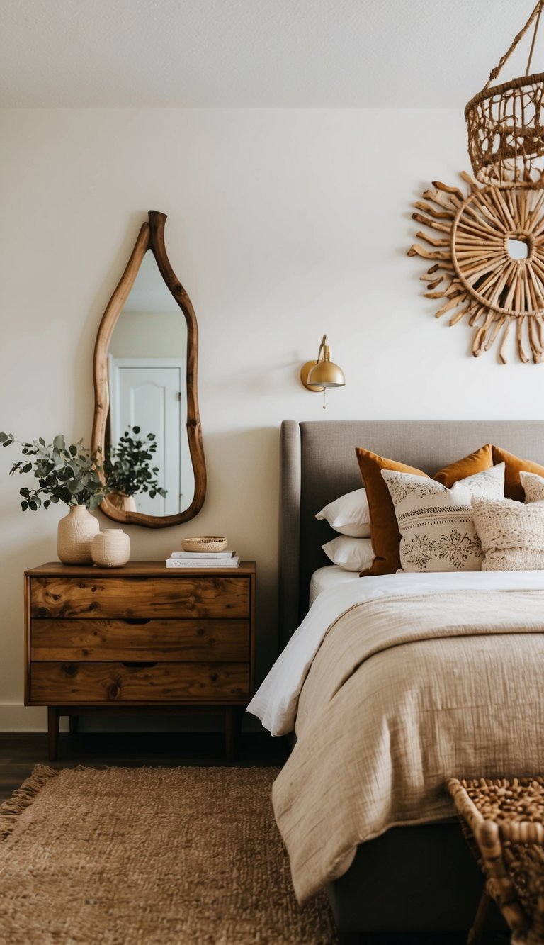 A cozy bedroom with earthy tones, featuring driftwood mirrors and natural decor