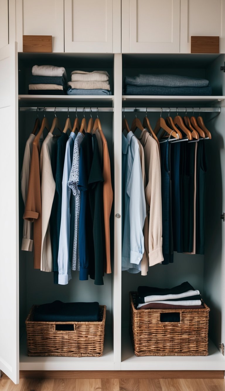 An open wardrobe with wooden hangers and neatly arranged clothing