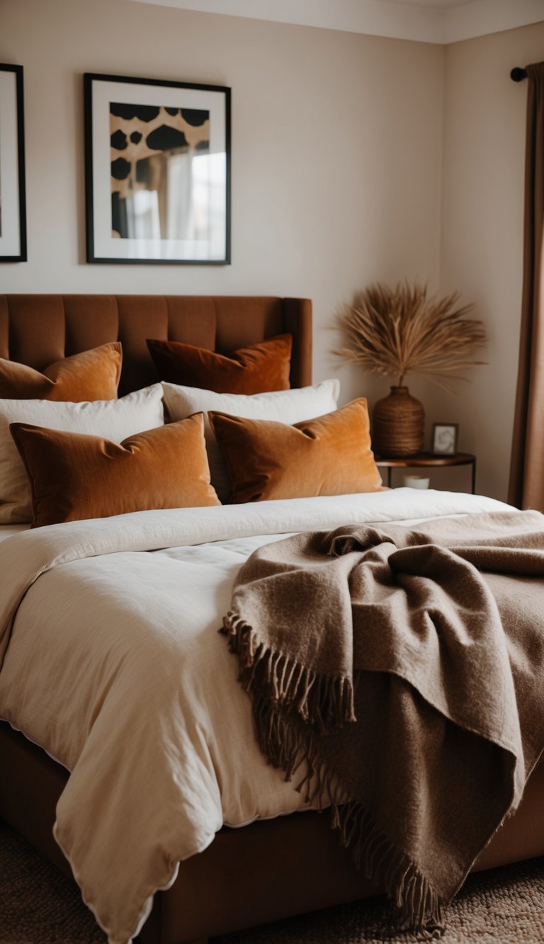 A cozy bedroom with earthy tones, adorned with wool throws on a bed, creating a warm and inviting atmosphere