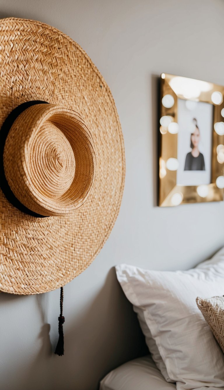 A woven straw hat displayed on a bedroom wall with 33 single woman bedroom ideas