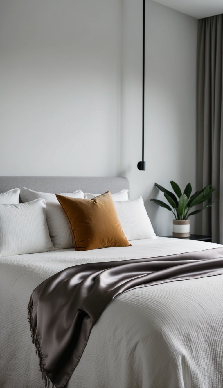 A silk throw blanket draped over a neatly made bed in a modern, minimalist bedroom