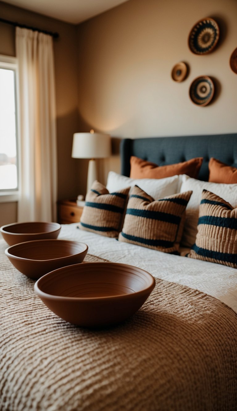 A cozy bedroom with earthy tones, adorned with clay ripple bowls as decor