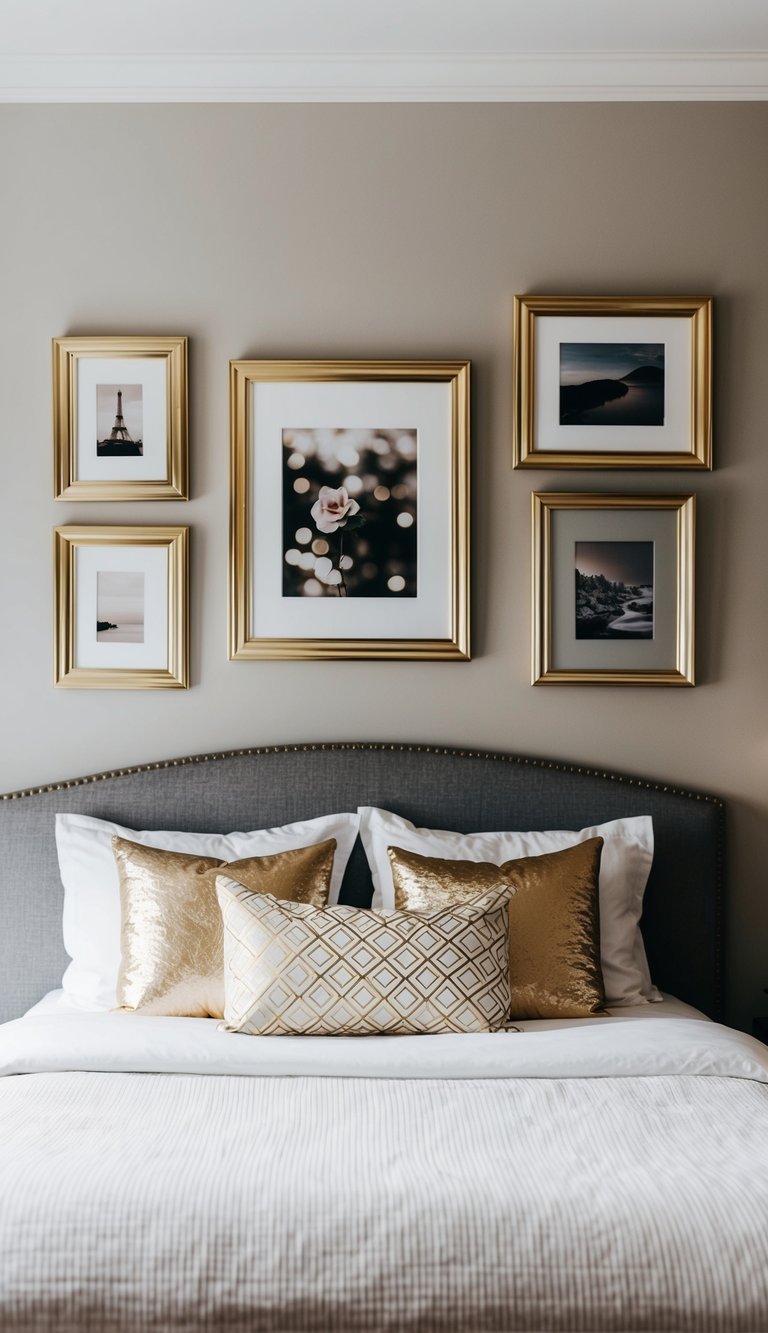 A bedroom with metallic gold picture frames on the wall, creating a luxurious and elegant atmosphere for a single woman's living space