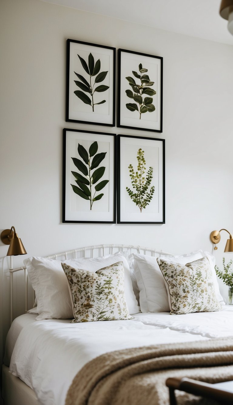 A cozy bedroom with white walls and framed botanical prints hanging above a neatly made bed