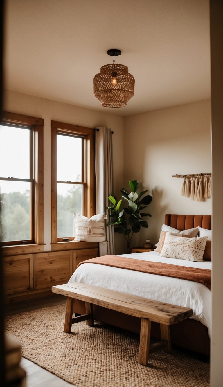 A cozy, earth-toned bedroom with rustic wooden benches and natural decor