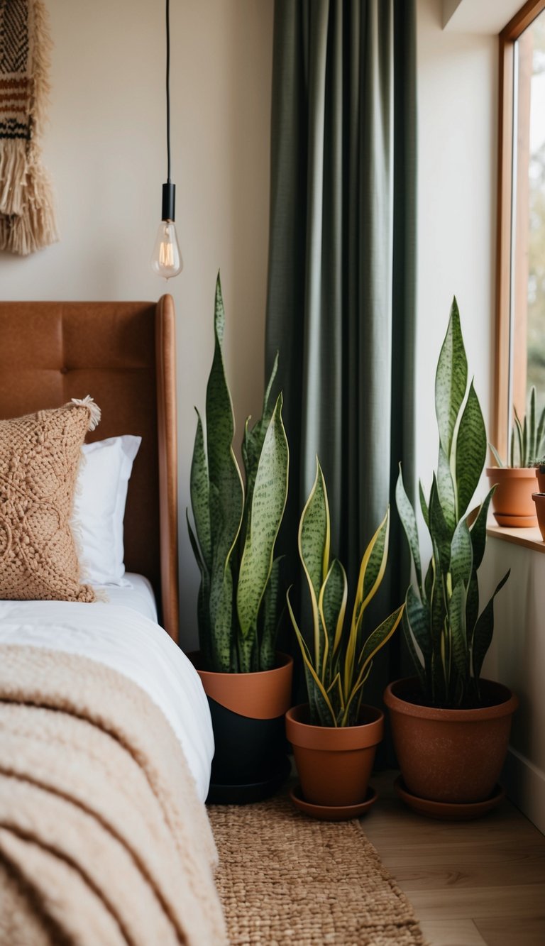 A cozy bedroom with potted snake plants, earthy tones, and natural textures