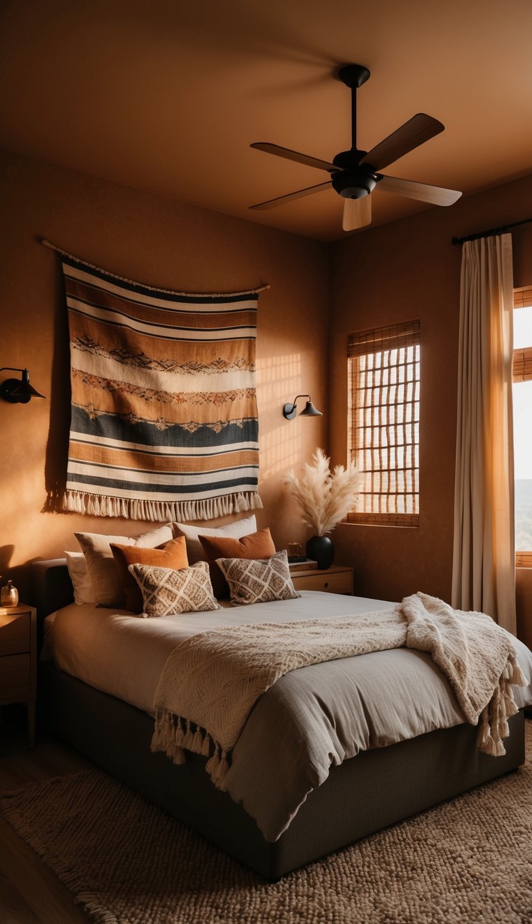 A cozy bedroom with earthy tones, a handwoven tapestry adorning the wall, warm lighting, and natural textures throughout