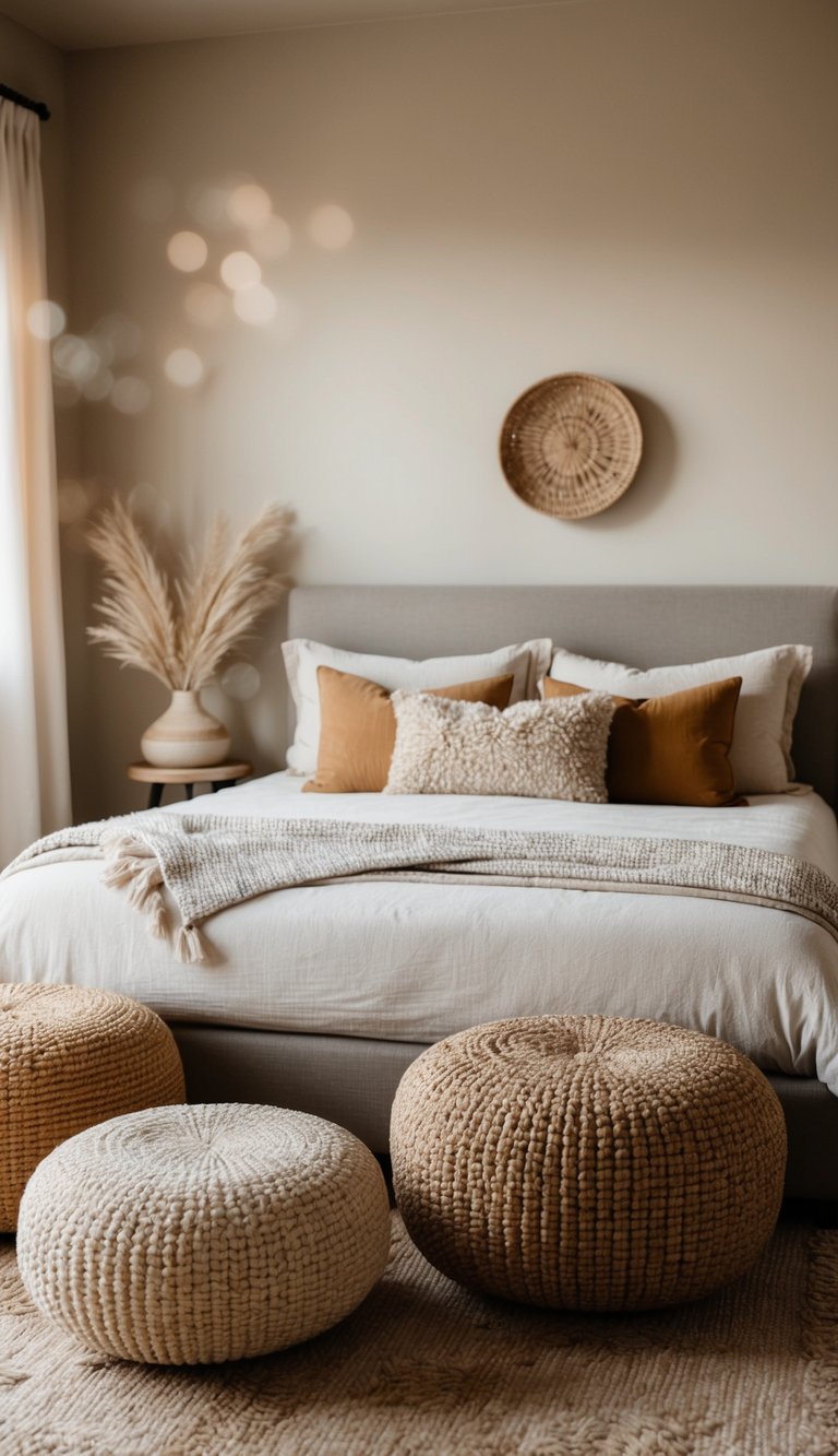 A cozy bedroom with earthy tones features natural fiber poufs as seating and decor. A mix of textures and neutral colors create a warm and inviting atmosphere