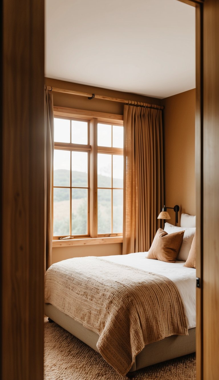 A cozy bedroom with earthy tones, featuring wooden curtain rods and natural materials