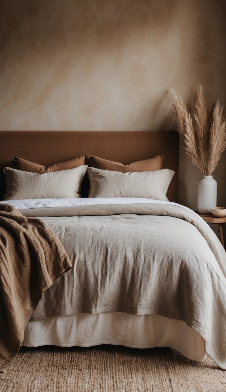 A cozy bedroom with earthy tones, featuring linen slipcovers on the bed and soft, natural textures throughout