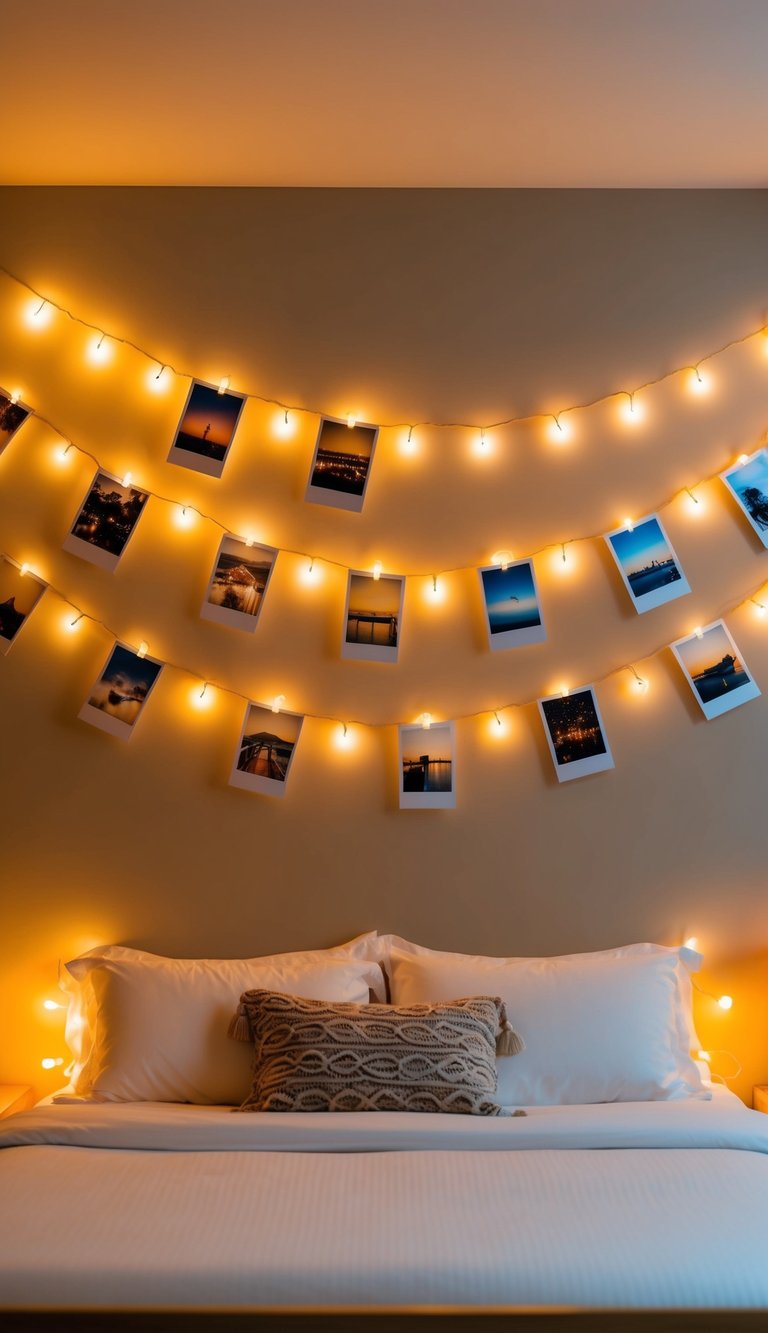 A cozy bedroom with polaroid photo string lights hanging above the bed, creating a warm and inviting atmosphere for a single woman
