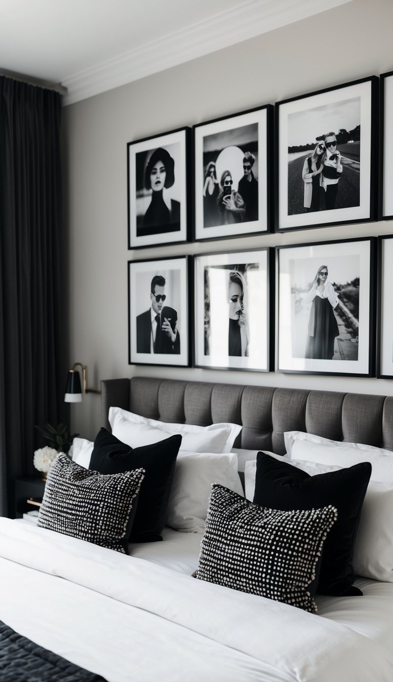 A gallery wall with black and white photos adorns the bedroom, creating a sophisticated and stylish atmosphere for a single woman