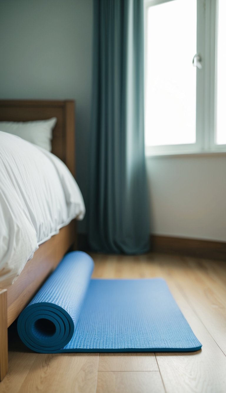 A foldable workout mat in the corner of a single woman's bedroom
