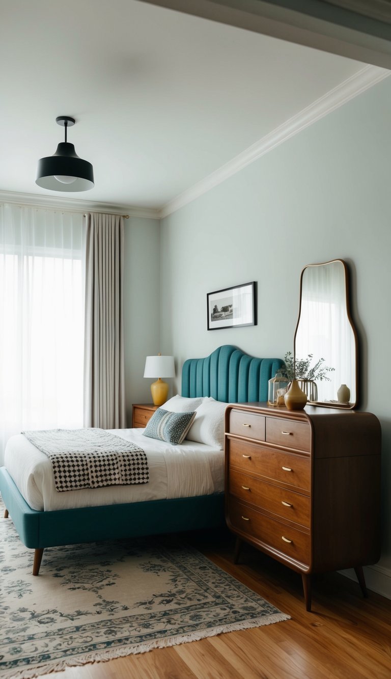 A bedroom with a mix of vintage and modern furniture, featuring a stylish bed, a retro dresser, and contemporary decor