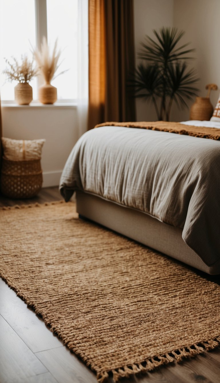 A cozy bedroom with a jute area rug, earthy tones, and natural textures
