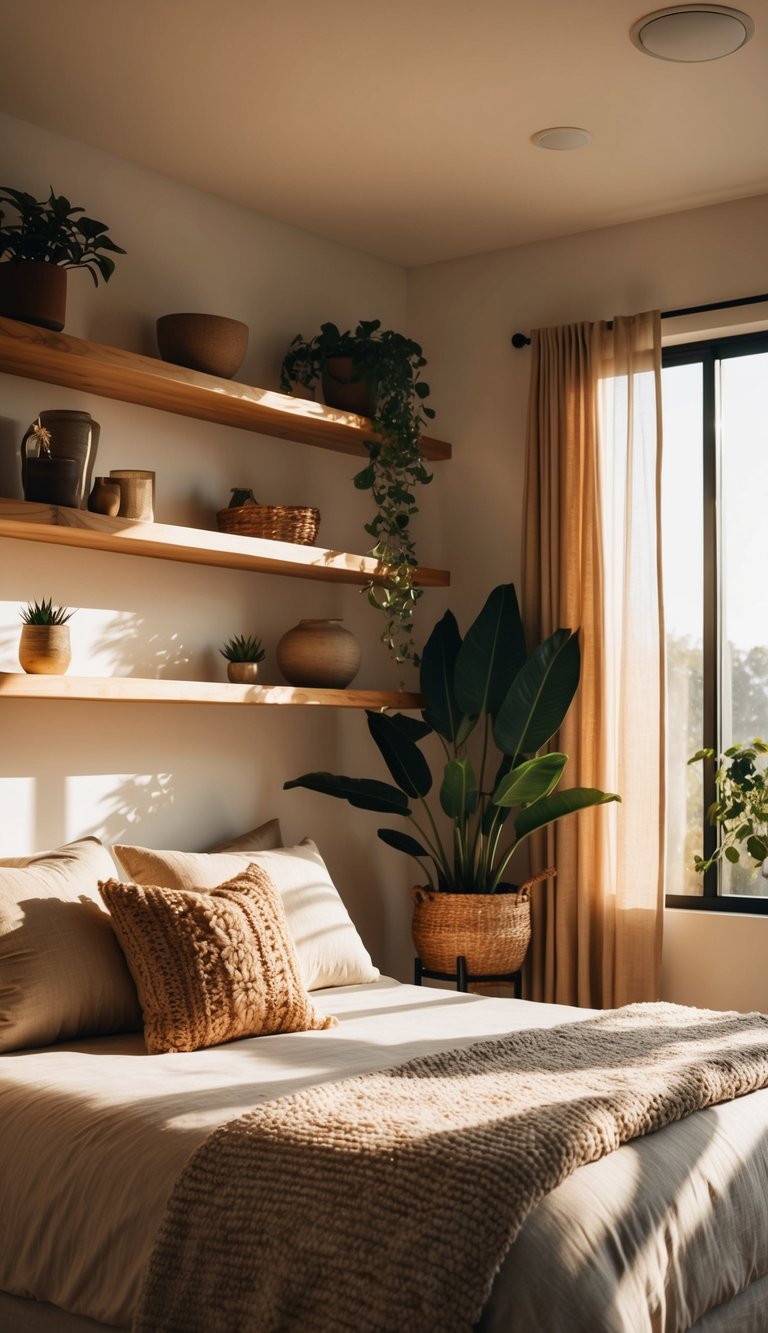 A cozy bedroom with natural wood live edge shelves, adorned with earthy decor and plants. Sunlight streams in through the window, creating a warm and inviting atmosphere