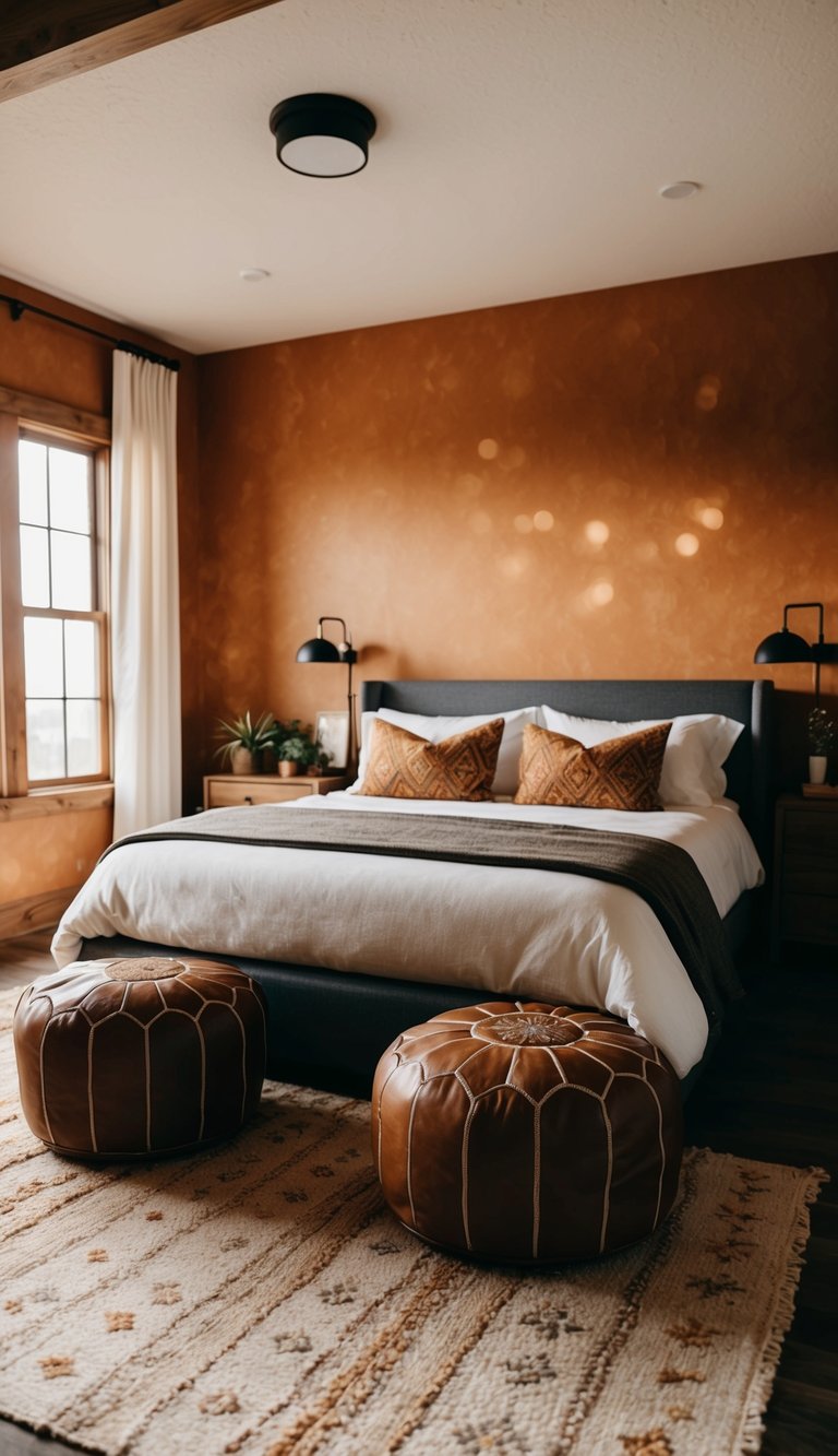 A cozy bedroom with earthy tones features leather poufs as seating, creating a warm and inviting atmosphere