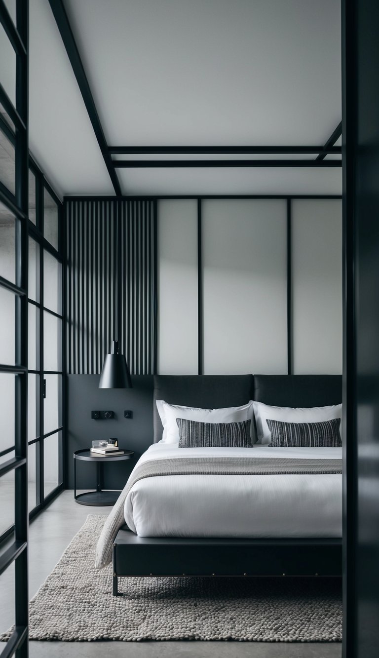 An industrial-style bedroom with metal accents, featuring a sleek and minimalist design with clean lines and a masculine color palette