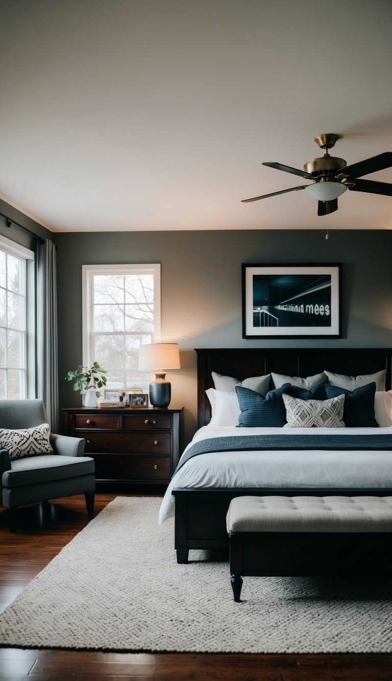 A cozy bedroom with dark wood furniture, featuring 24 men bedroom ideas