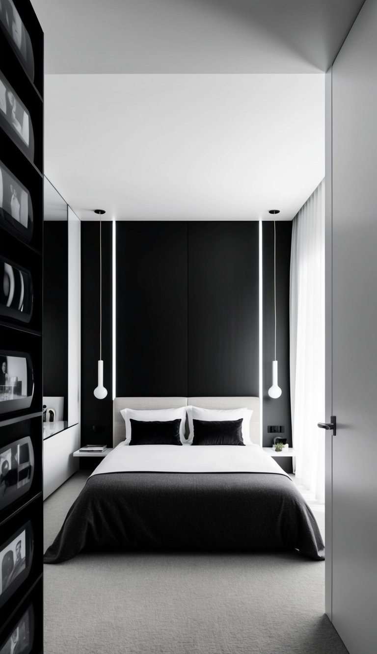 A sleek, modern bedroom with clean lines and minimal furniture. Monochrome palette with black and white accents