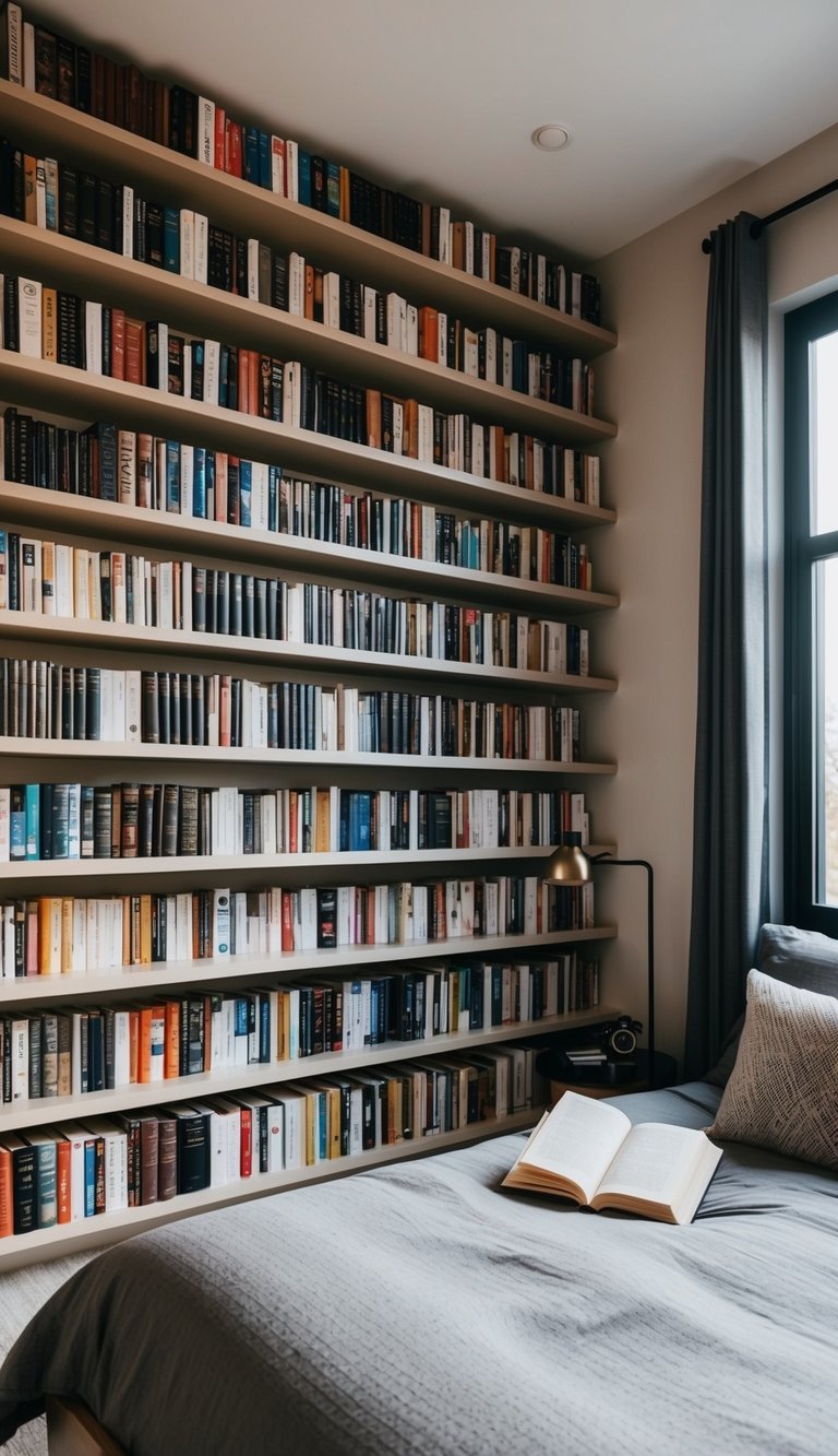 A cozy bedroom with 24 floating shelves filled with books, creating a modern and organized space for a man's reading nook