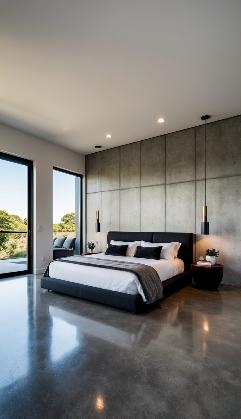 A spacious bedroom with a polished concrete floor, featuring modern and masculine design elements
