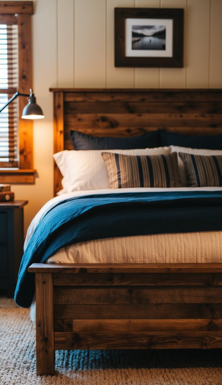 A rustic wooden bed frame in a cozy men's bedroom with warm lighting and masculine decor