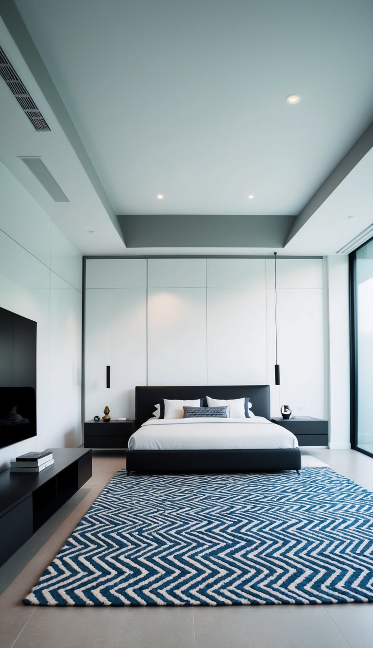 A geometric patterned rug lies in the center of a modern men's bedroom, complementing the sleek and minimalistic design