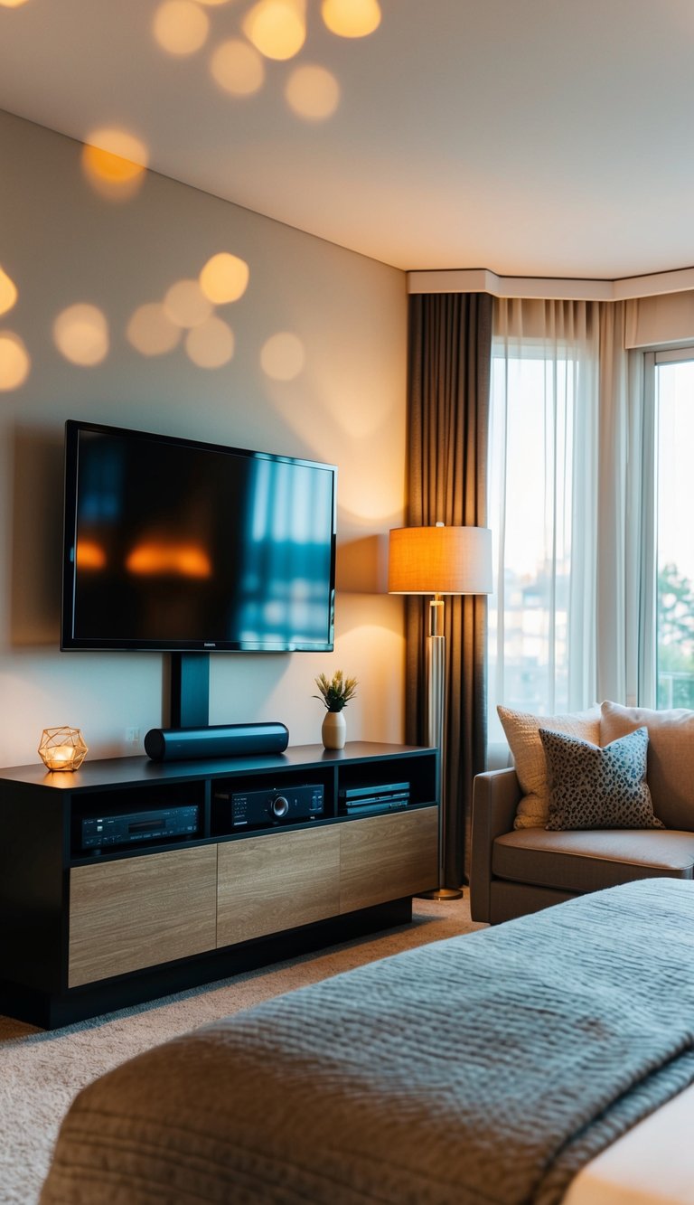 A cozy bedroom with a wall-mounted TV setup, featuring a sleek entertainment center, comfortable seating, and warm ambient lighting