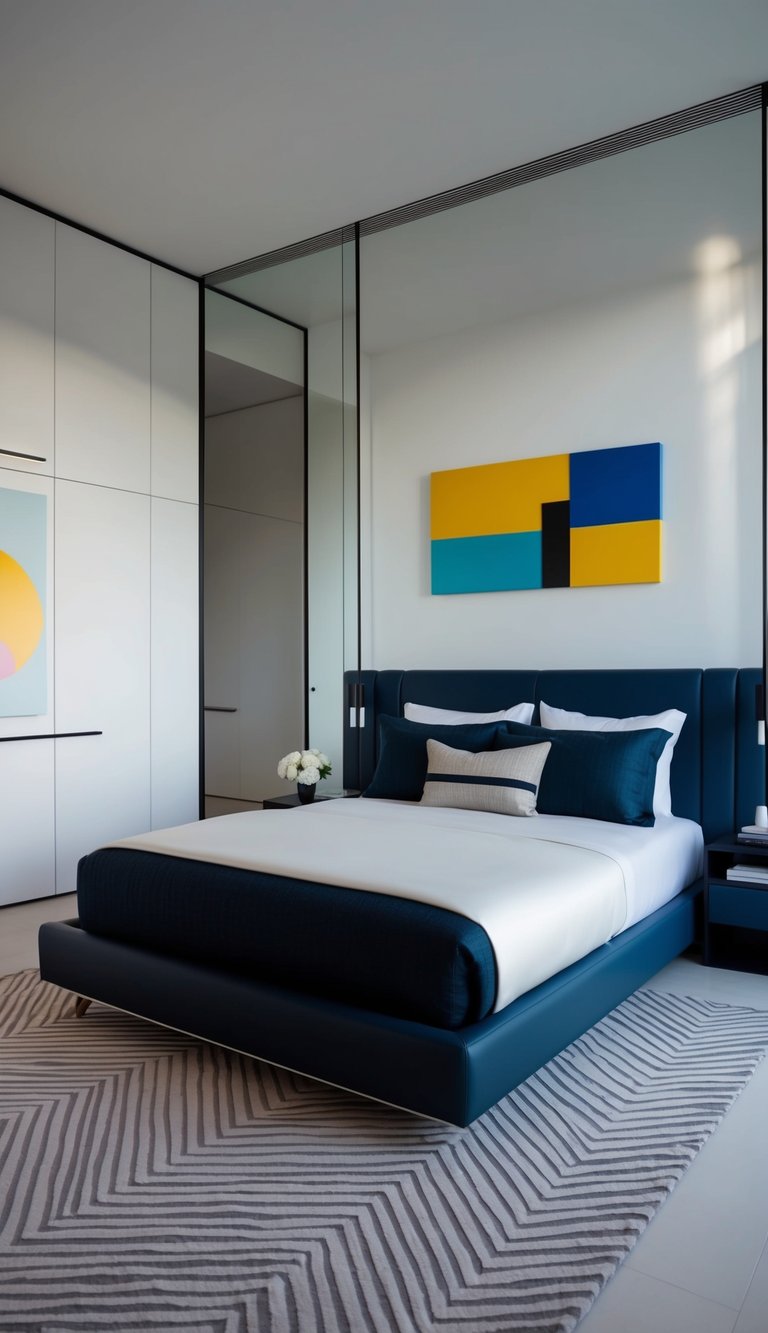 A sleek, minimalist bedroom with bold geometric patterns, vibrant colors, and clean lines. The room is furnished with modern, masculine decor and features abstract art pieces on the walls