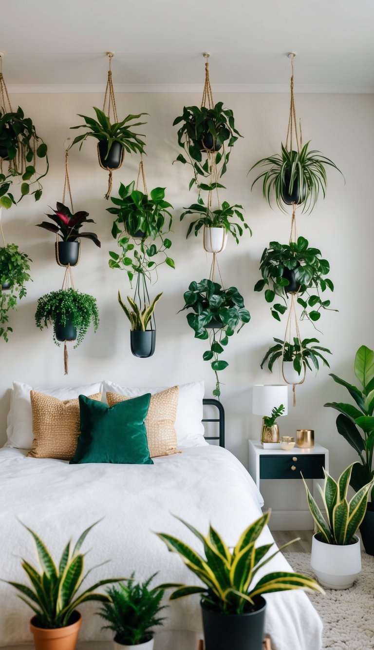A bedroom with 24 indoor plant clusters arranged around the room, adding a natural and vibrant touch to the space