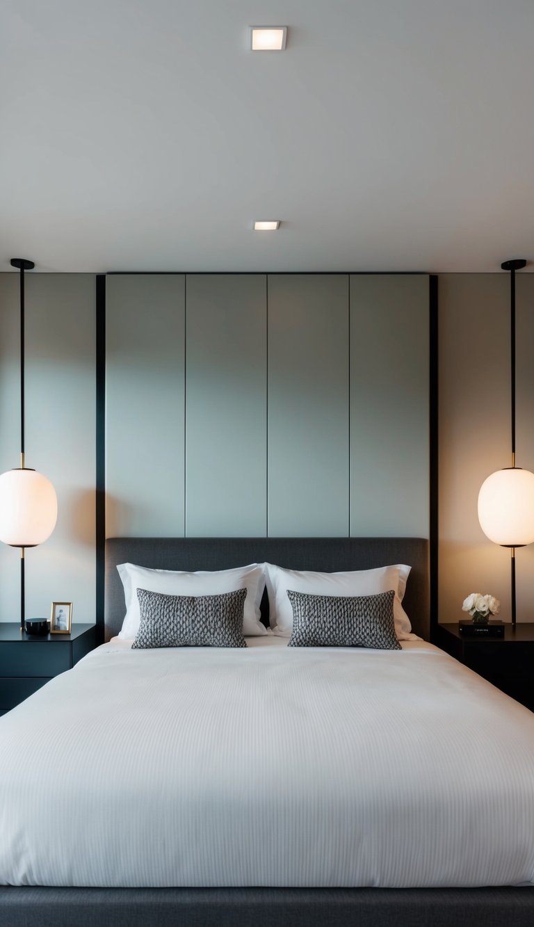 A modern bedroom with smart lighting system, featuring sleek, minimalist design and integrated technology