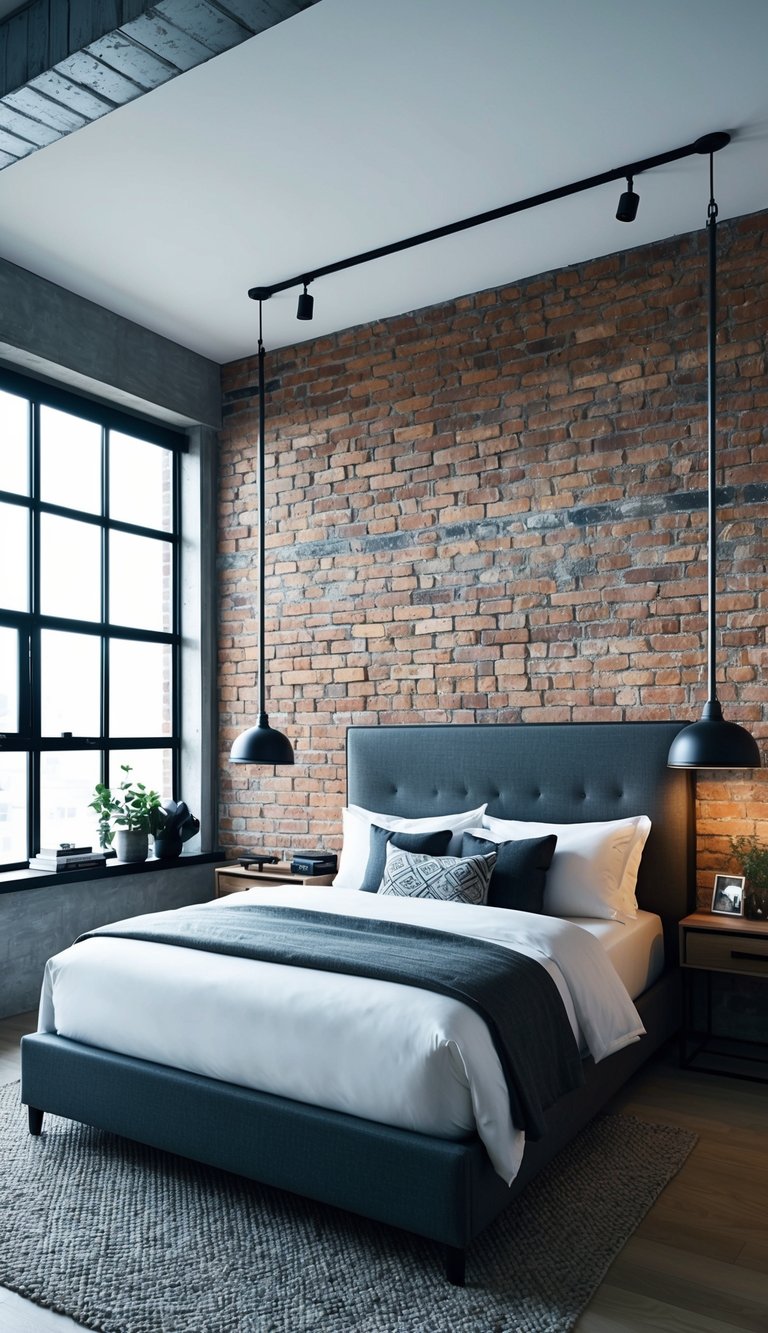 An industrial-style bedroom with a large exposed brick wall, minimalistic decor, and masculine accents