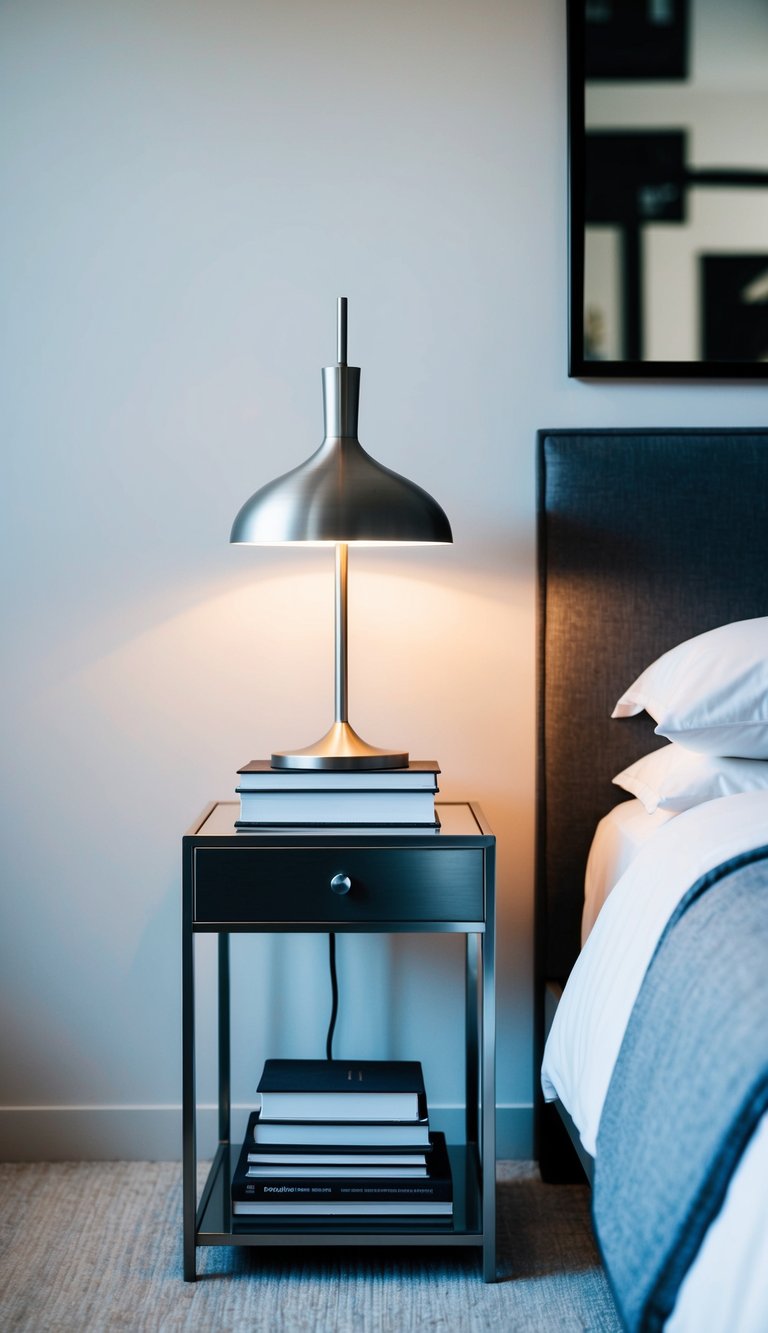 A sleek metal bedside table with a modern lamp and a stack of books, set against a backdrop of minimalist decor in a men's bedroom
