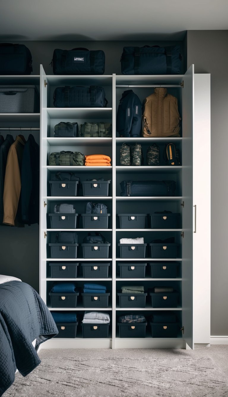 A bedroom with 24 organized storage solutions for men's tactical gear and clothing