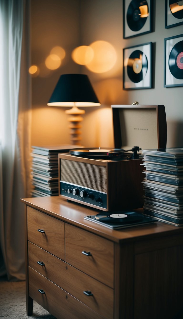 A vintage record player sits on a wooden dresser in a cozy, dimly lit bedroom, surrounded by stacks of vinyl records and soft, warm lighting