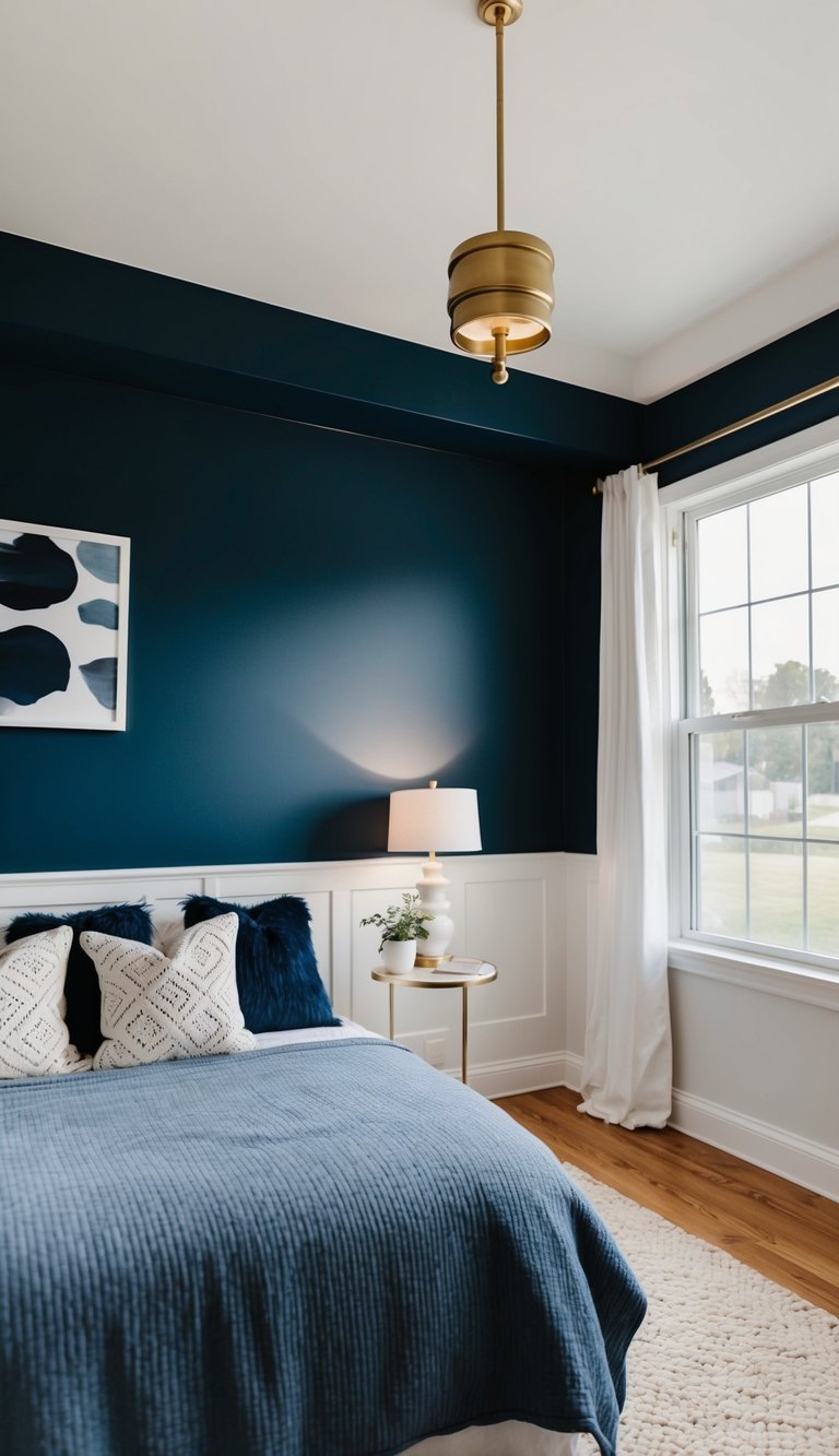 A navy blue accent wall with white trim in a cozy bedroom setting