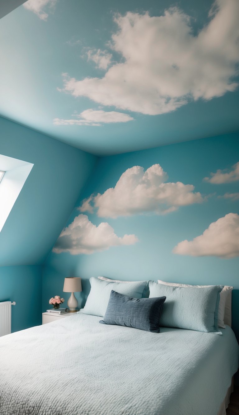 A powder blue ceiling with a subtle clouds mural fills the serene bedroom