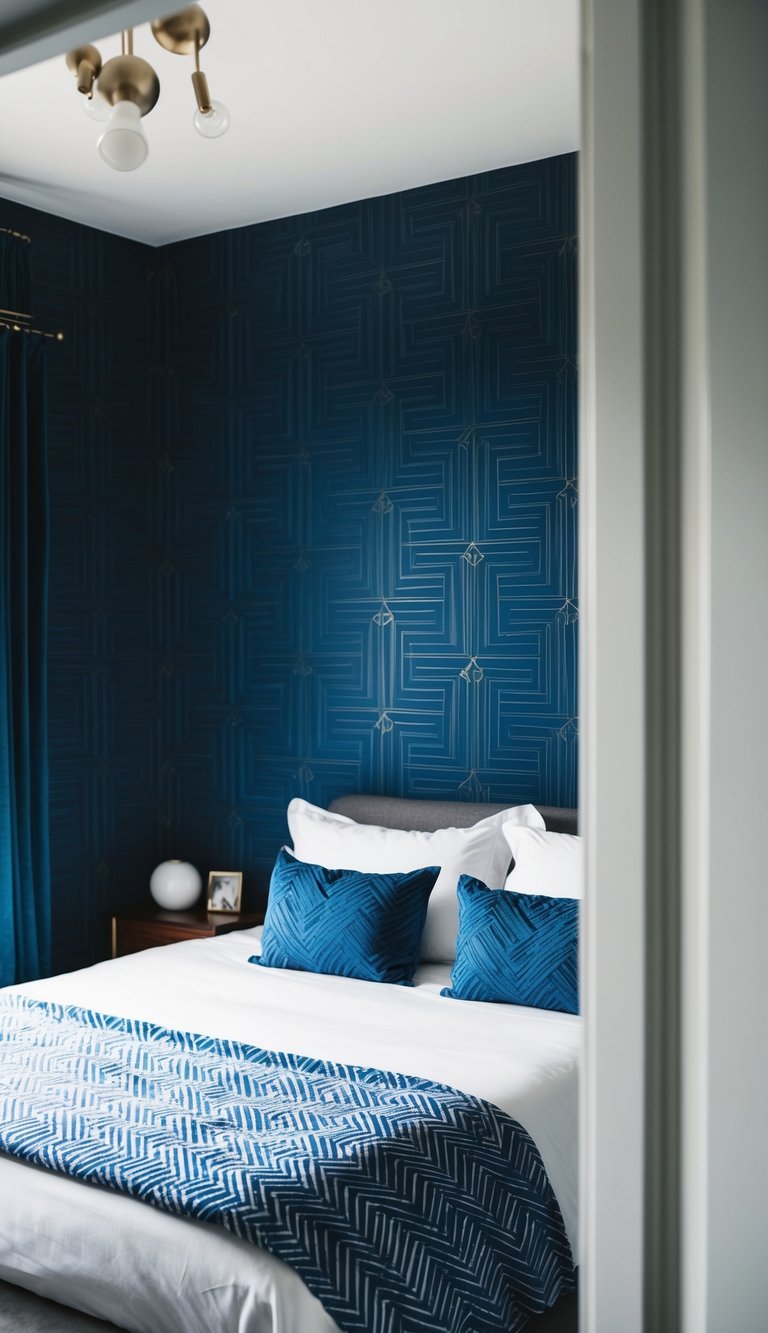 A blue bedroom with geometric patterned wallpaper